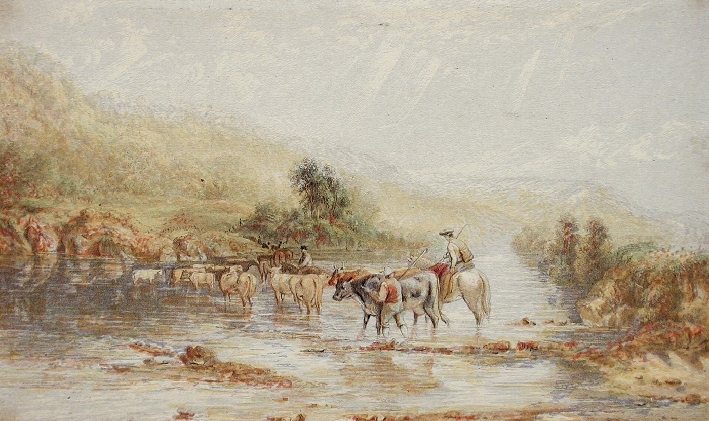 A nineteenth-century colour print of drovers on horseback taking cattle across a river